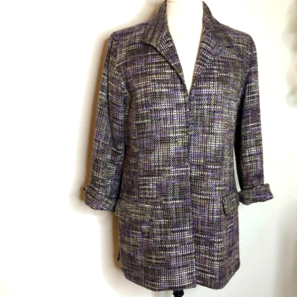Chicos Plum Chartreuse Metallic Tweed Oversized Blazer Jacket